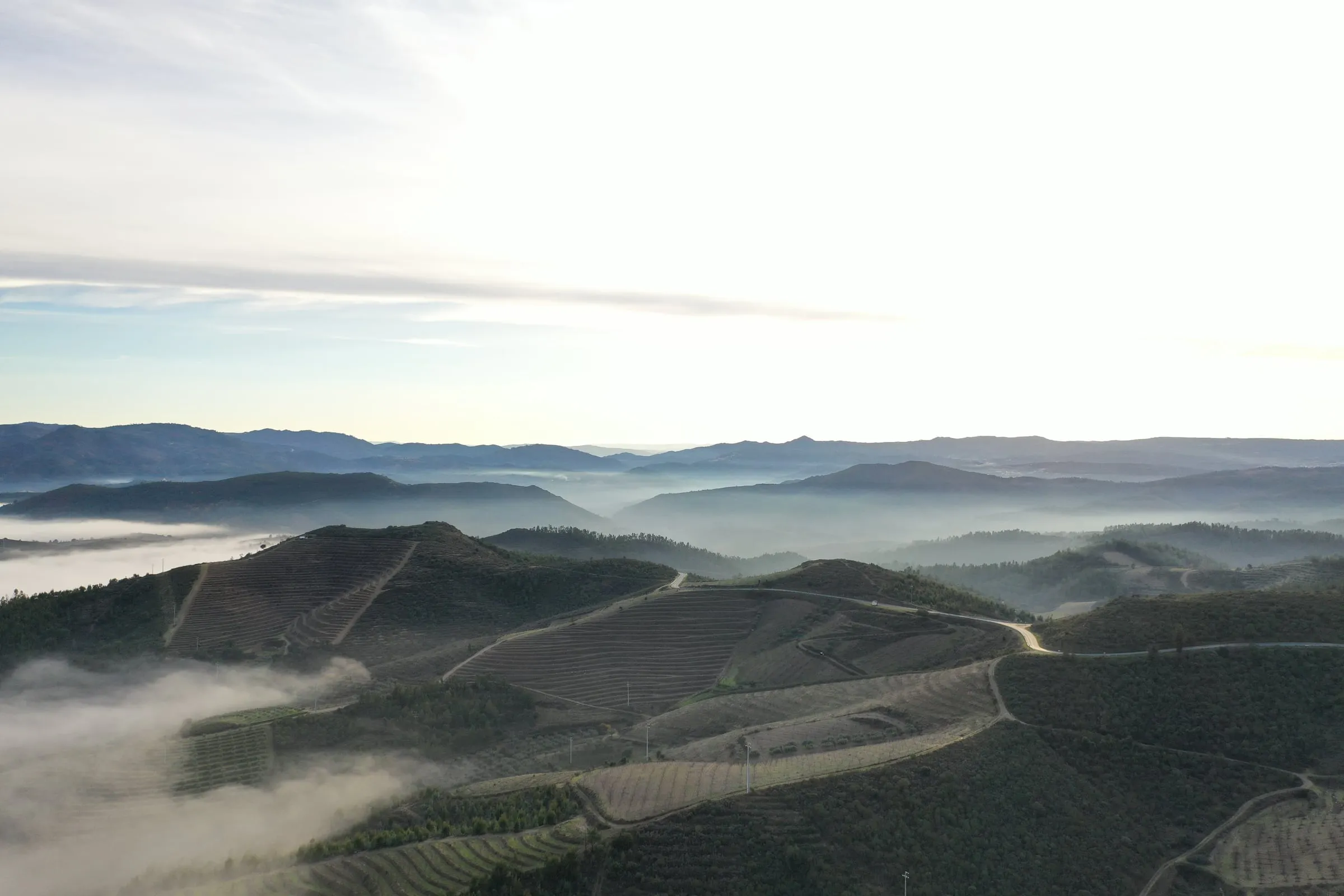 Mistige heuvels bij zonsopgang in Trás-os-Montes, Portugal